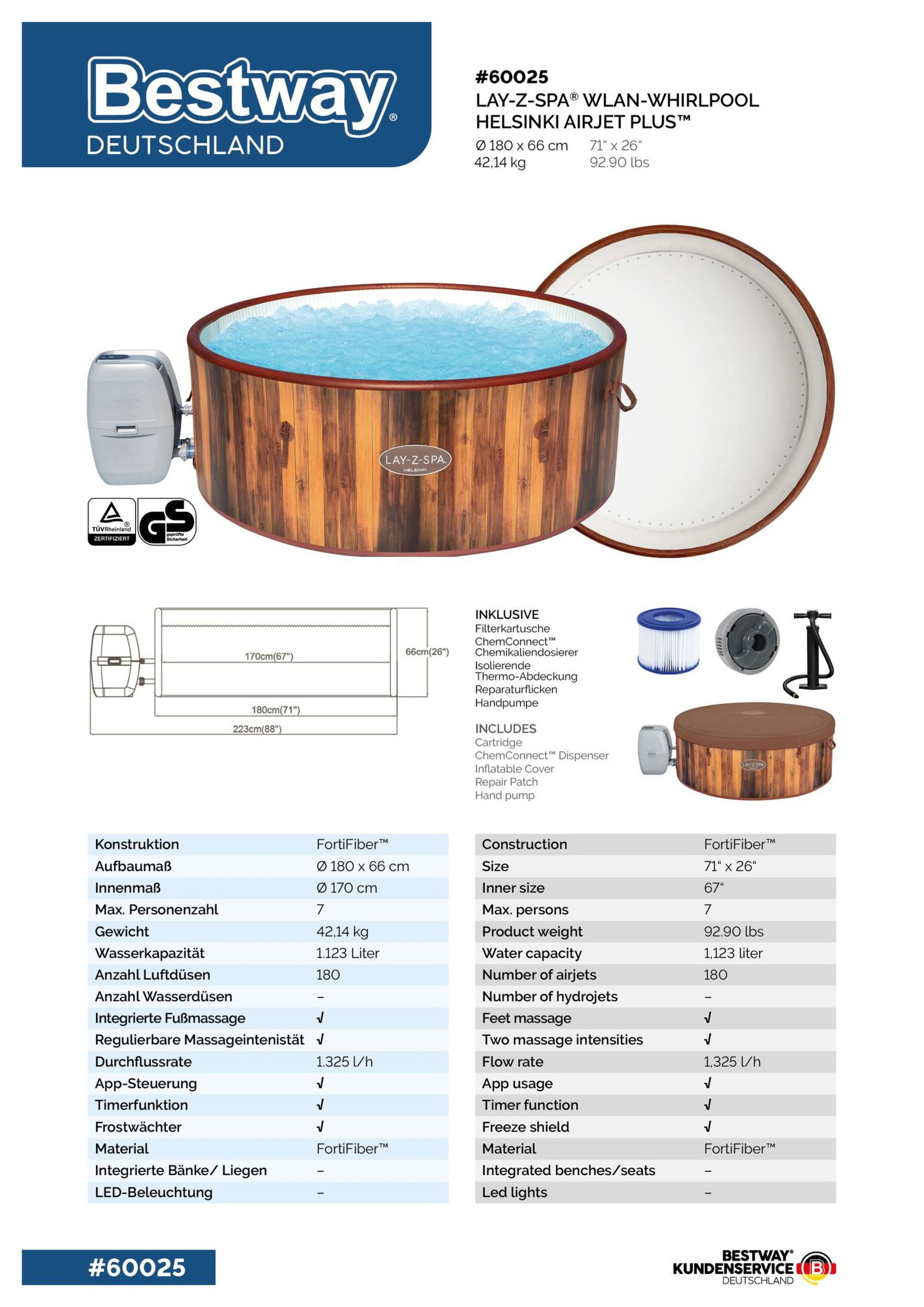 Bestway LAY-Z-SPA Helsinki AirJet Plus Whirlpool Ø 180 x 66 cm 7 Personen