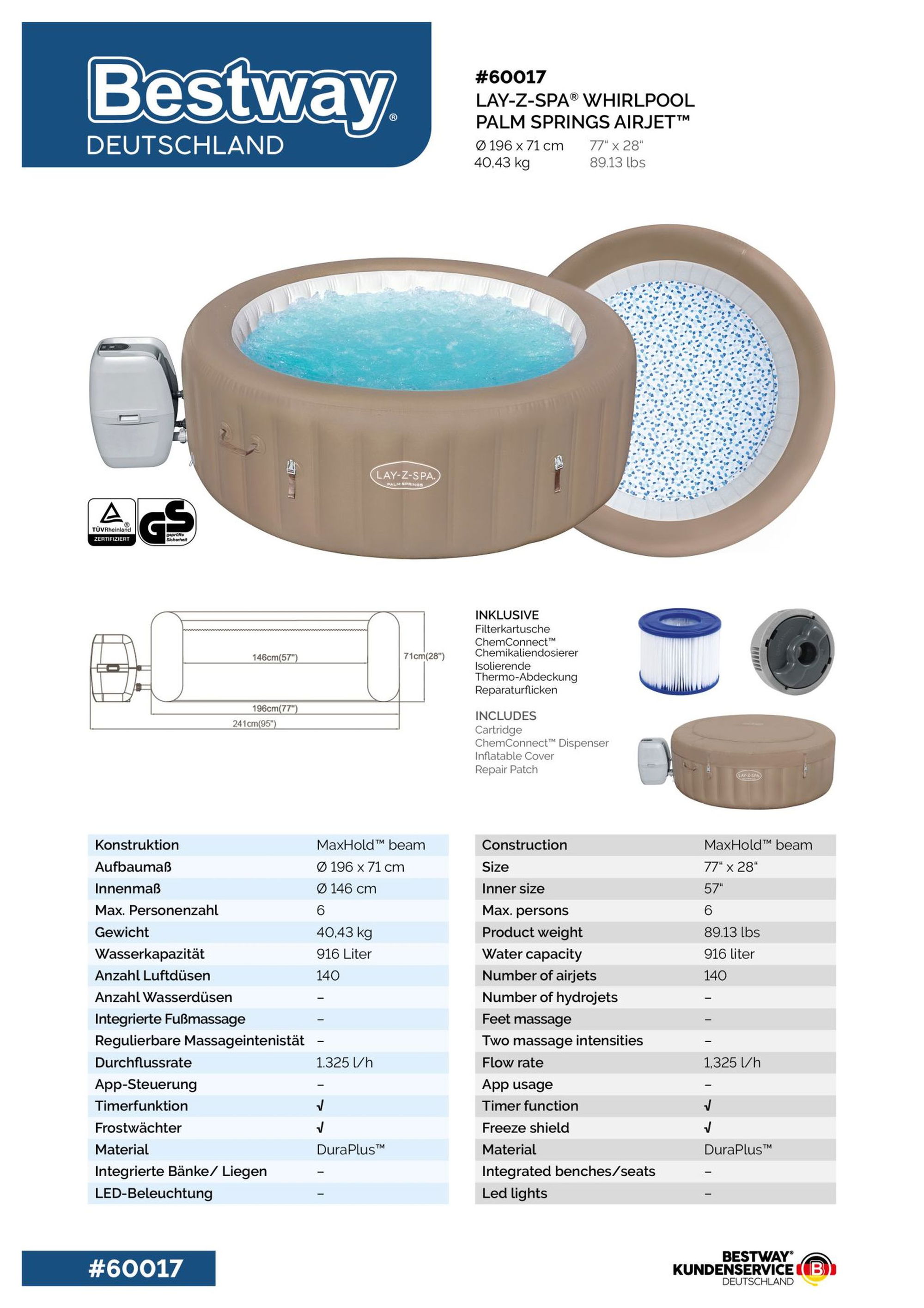 LAY-Z-SPA Palm Springs AirJet Whirlpool Ø 196 x 71 cm 6 Personen