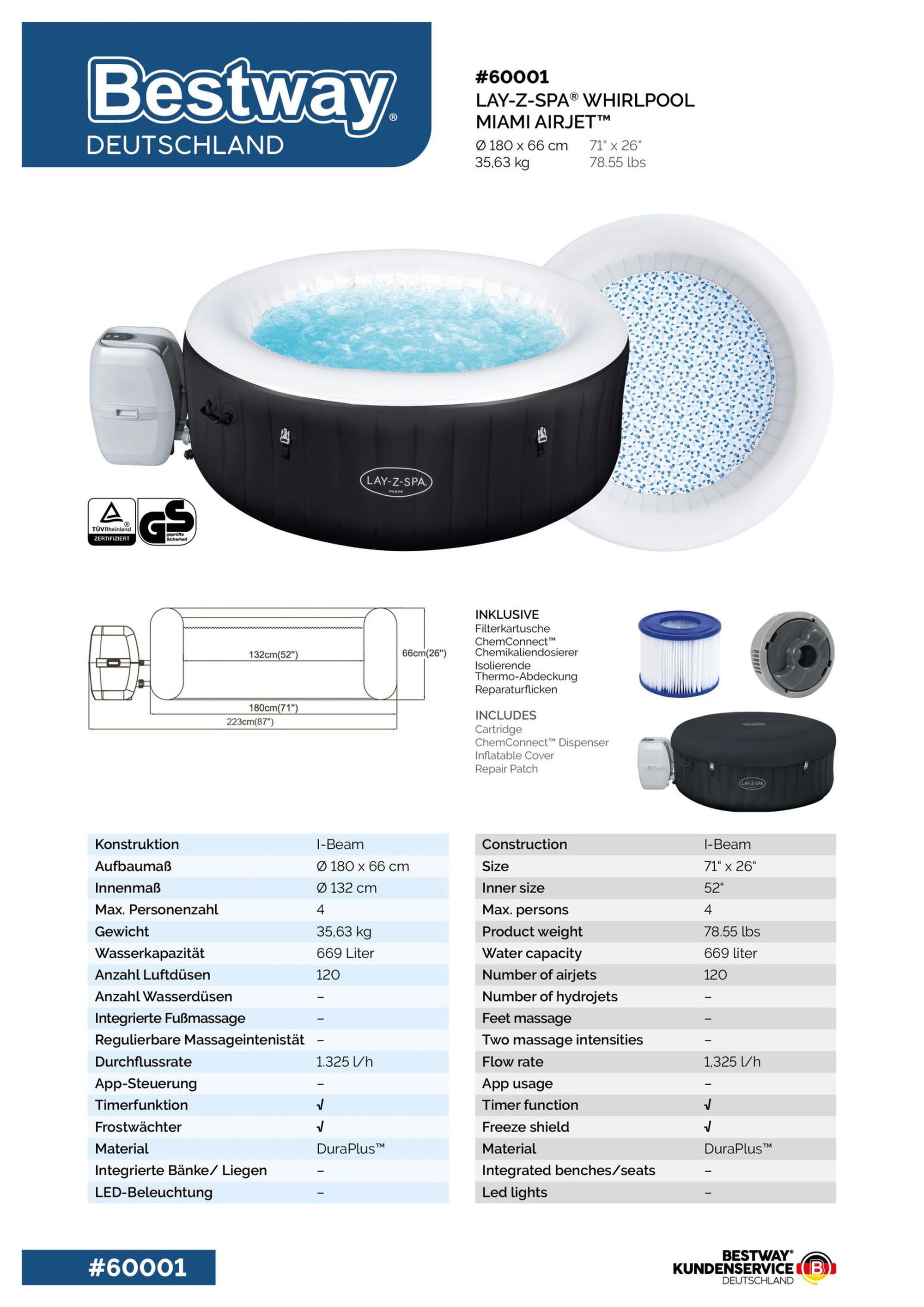 Bestway LAY-Z-SPA Miami AirJet Whirlpool Ø 180 x 66 cm für 4 Personen