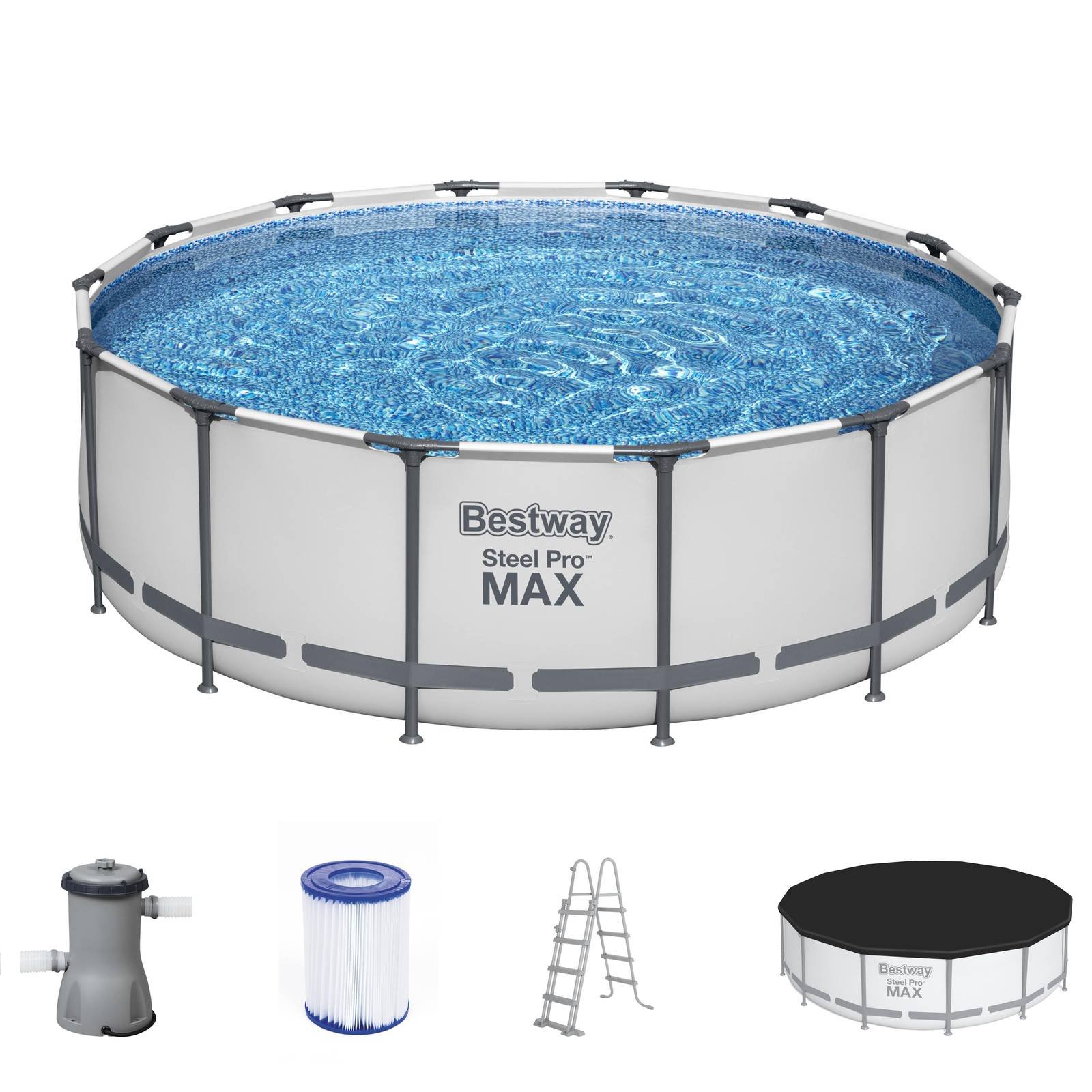 Steel Pro MAX Bestway Frame Pool Komplett-Set mit Filterpumpe Ø 427 x 122 cm, lichtgrau, rund SW:10013.5