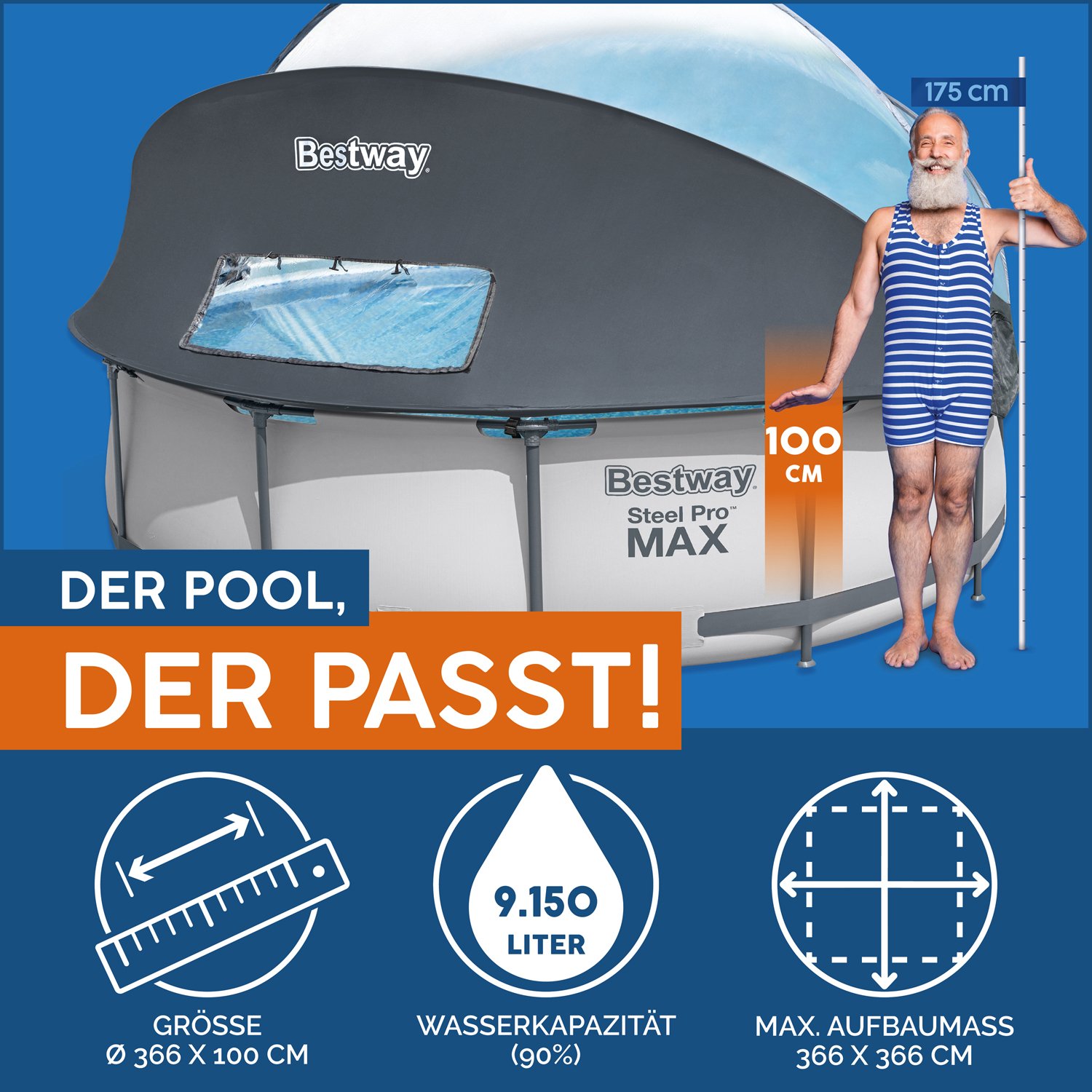 Steel Pro MAX™ Frame Pool Set mit Filterpumpe + Verdeck Ø 366 x 100 cm, lichtgrau, rund 5619N_24